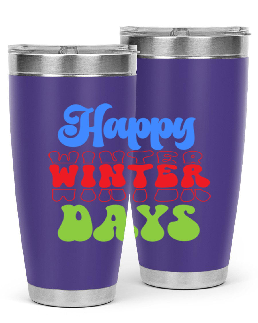 Happy Winter Days 20oz Tumbler made of stainless steel with a copper lining, featuring a drink-thru lid, ideal for hot and cold beverages.