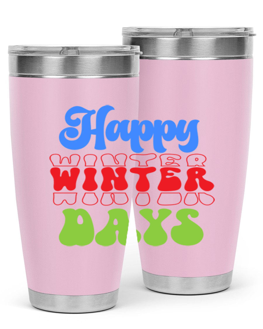 Happy Winter Days 20oz Tumbler made of stainless steel with a copper lining, featuring a drink-thru lid, ideal for hot and cold beverages.