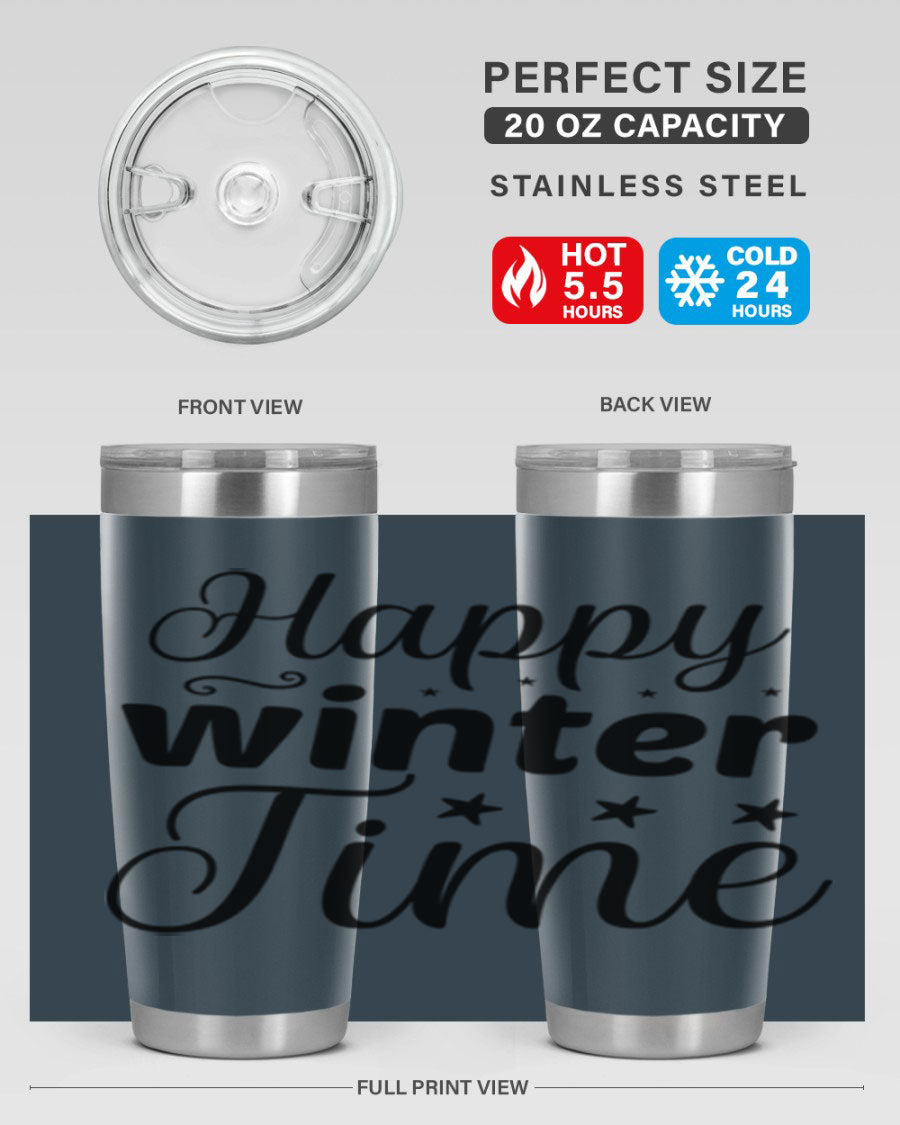Happy Winter Time 133# Tumbler in stainless steel with winter-themed design, showcasing double wall vacuum insulation and drink-thru lid.