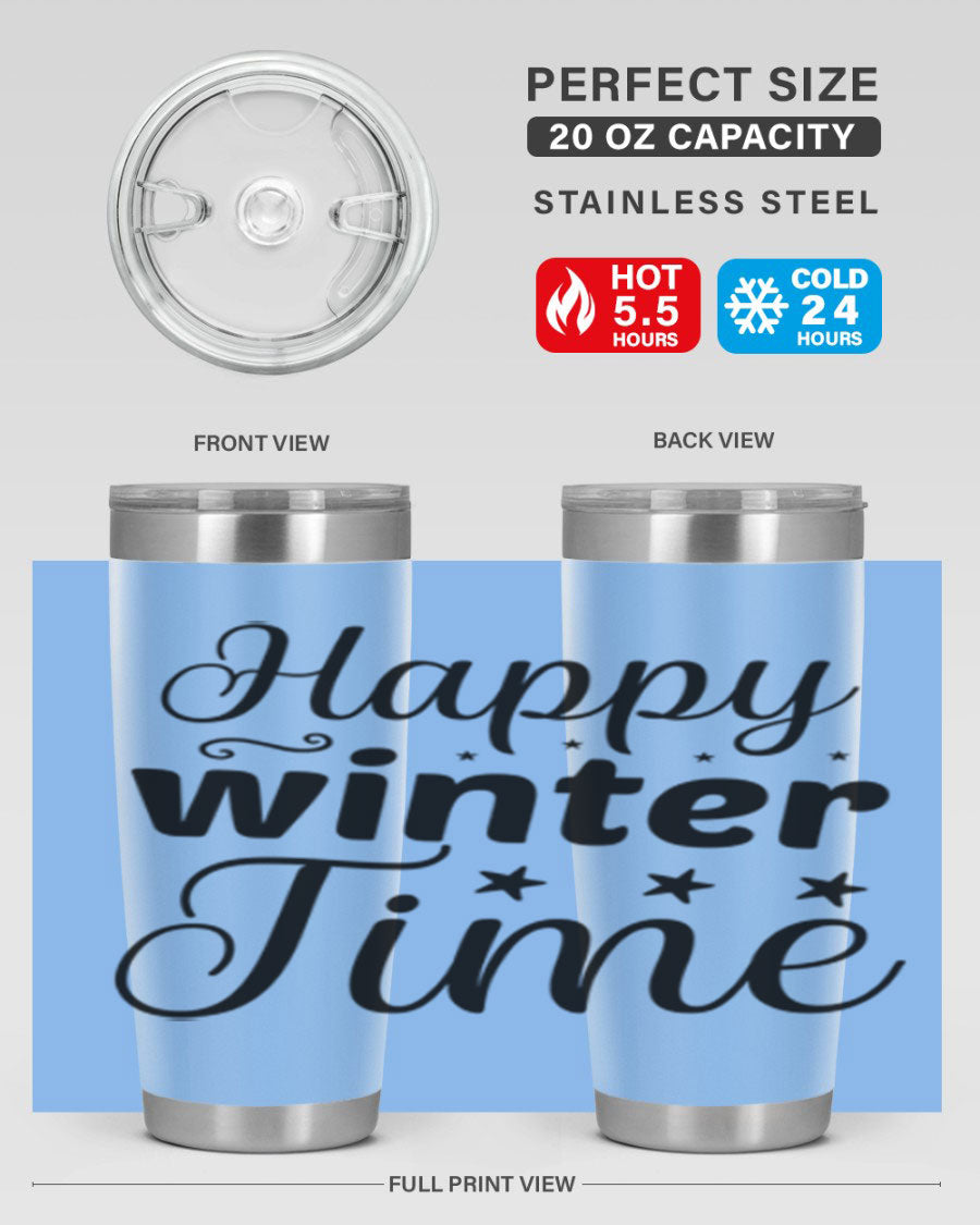 Happy Winter Time 133# Tumbler in stainless steel with winter-themed design, showcasing double wall vacuum insulation and drink-thru lid.