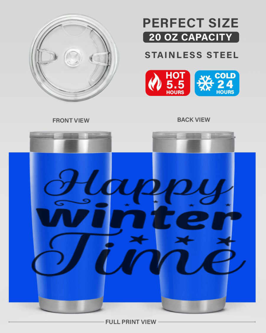 Happy Winter Time 133# Tumbler in stainless steel with winter-themed design, showcasing double wall vacuum insulation and drink-thru lid.