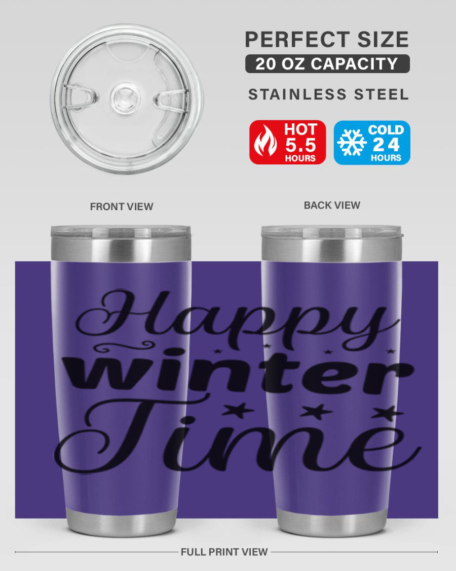 Happy Winter Time 133# Tumbler in stainless steel with winter-themed design, showcasing double wall vacuum insulation and drink-thru lid.