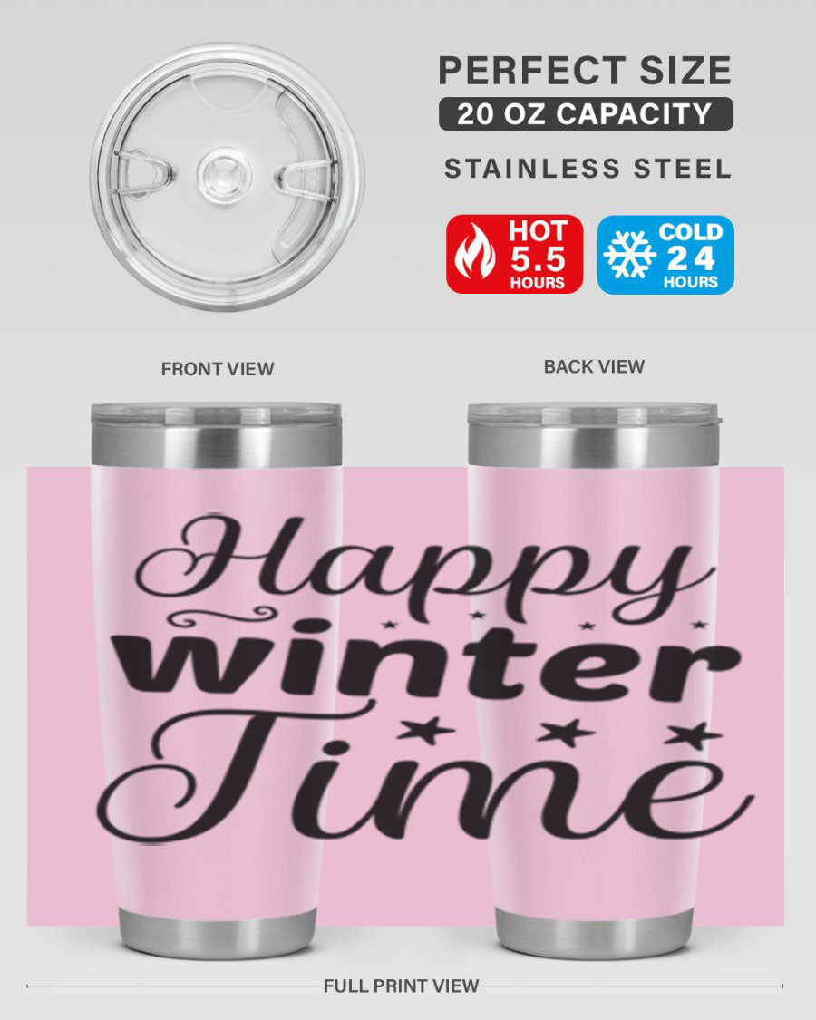 Happy Winter Time 133# Tumbler in stainless steel with winter-themed design, showcasing double wall vacuum insulation and drink-thru lid.