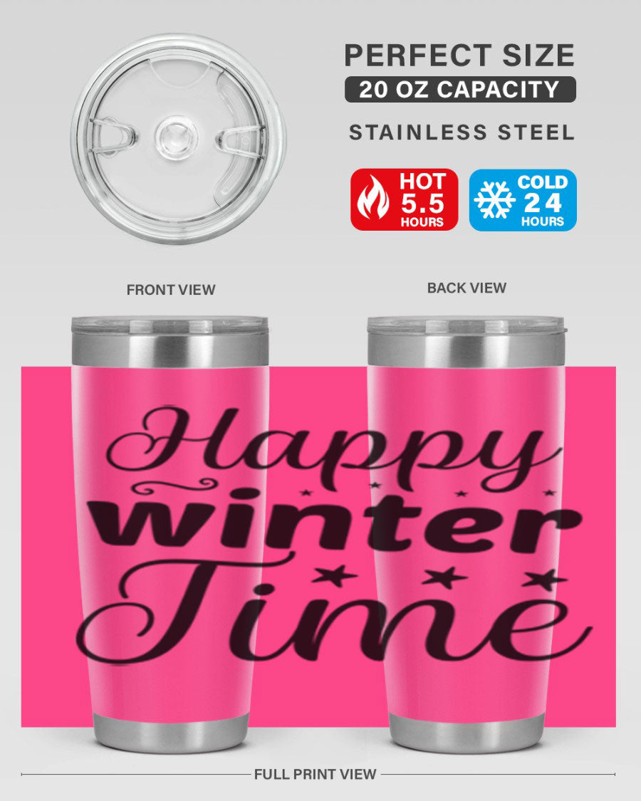 Happy Winter Time 133# Tumbler in stainless steel with winter-themed design, showcasing double wall vacuum insulation and drink-thru lid.