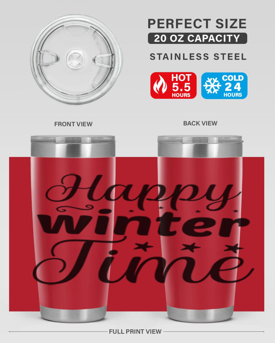 Happy Winter Time 133# Tumbler in stainless steel with winter-themed design, showcasing double wall vacuum insulation and drink-thru lid.