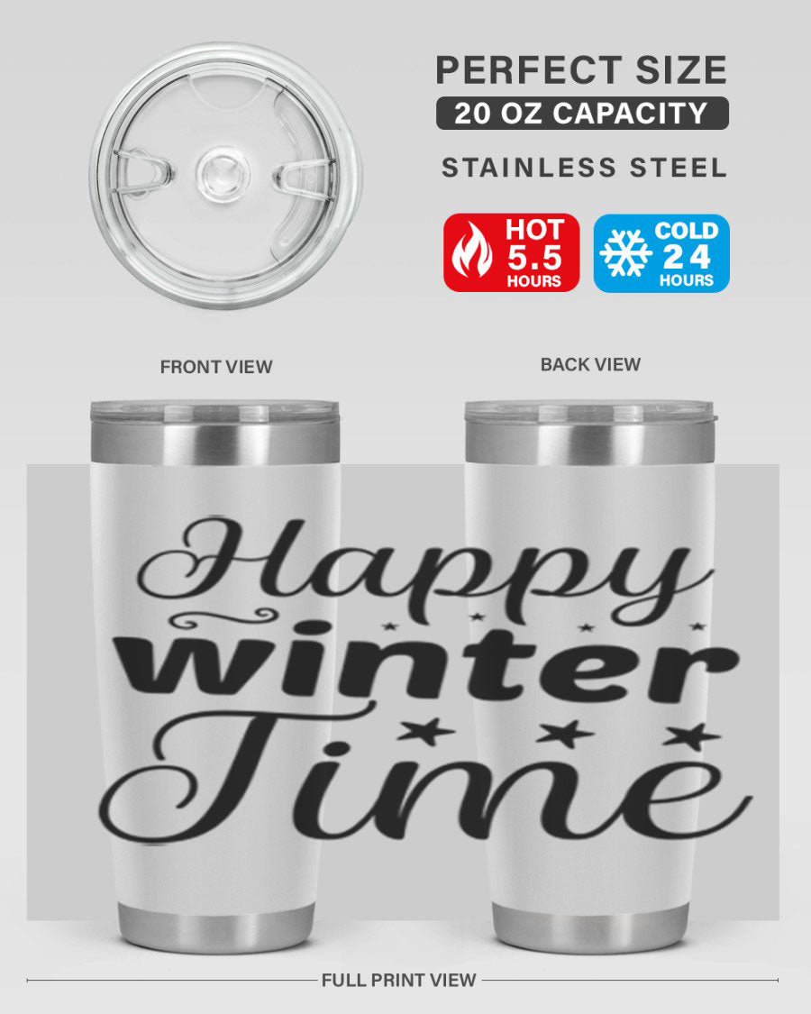 Happy Winter Time 133# Tumbler in stainless steel with winter-themed design, showcasing double wall vacuum insulation and drink-thru lid.