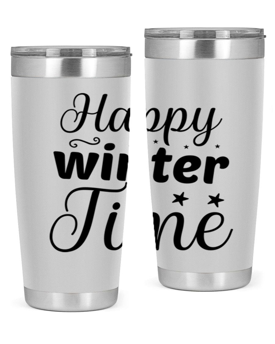 Happy Winter Time 133# Tumbler in stainless steel with winter-themed design, showcasing double wall vacuum insulation and drink-thru lid.