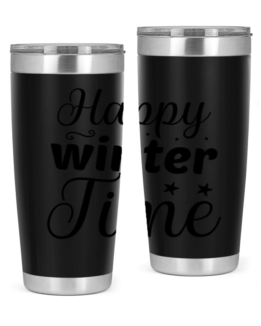 Happy Winter Time 133# Tumbler in stainless steel with winter-themed design, showcasing double wall vacuum insulation and drink-thru lid.