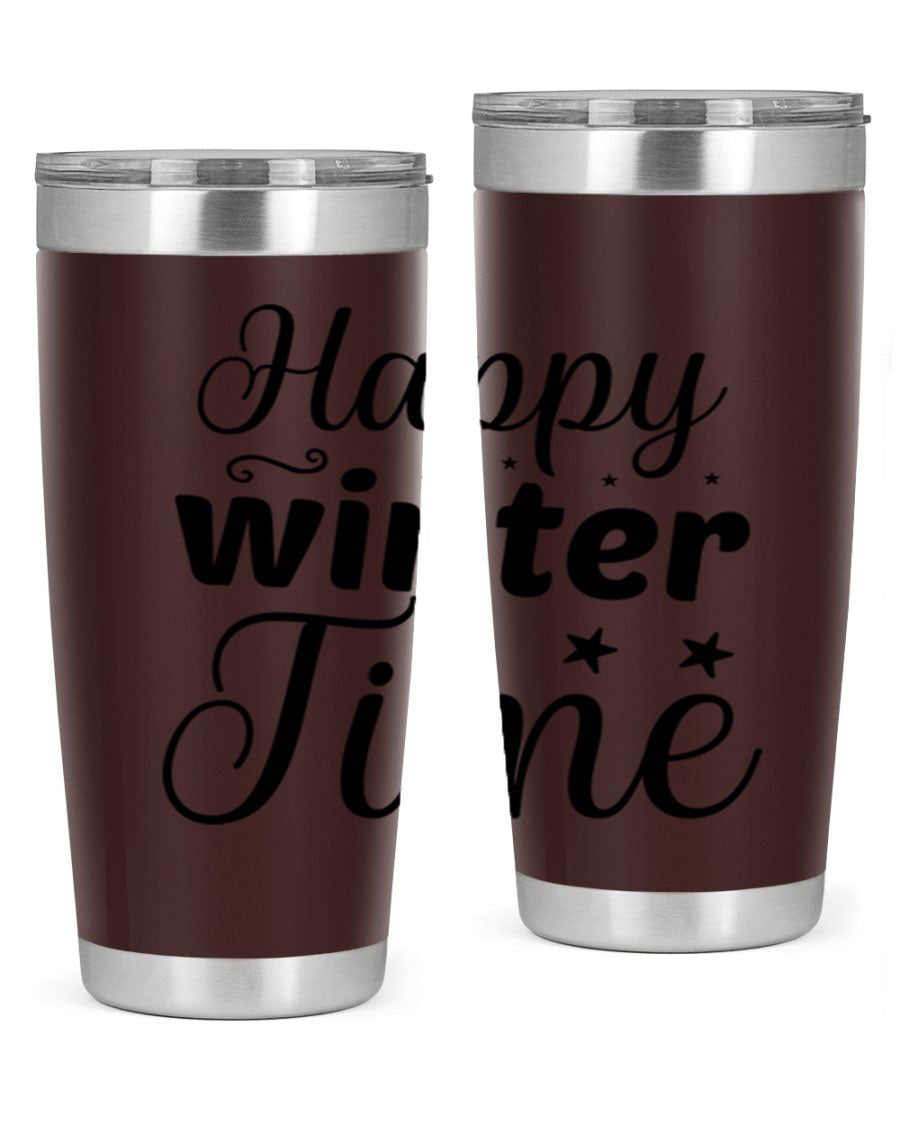 Happy Winter Time 133# Tumbler in stainless steel with winter-themed design, showcasing double wall vacuum insulation and drink-thru lid.