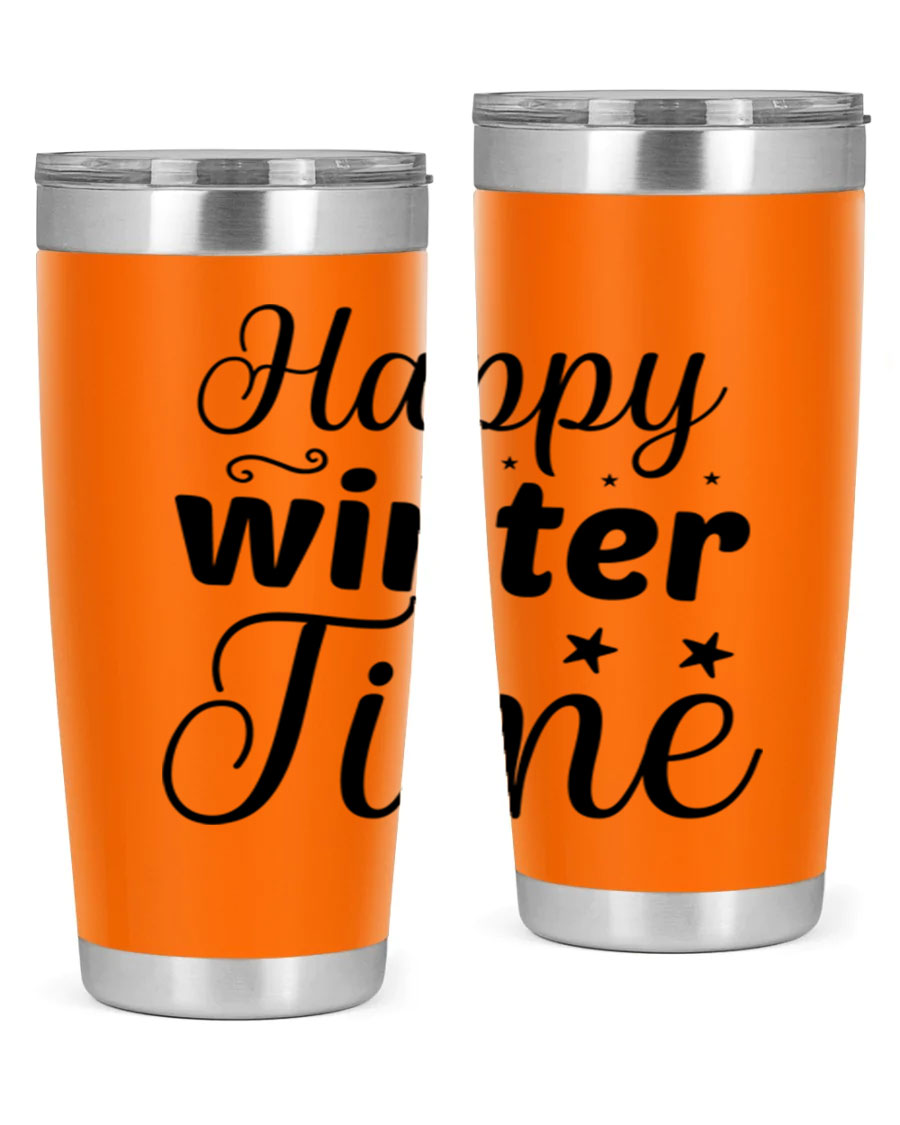 Happy Winter Time 133# Tumbler in stainless steel with winter-themed design, showcasing double wall vacuum insulation and drink-thru lid.
