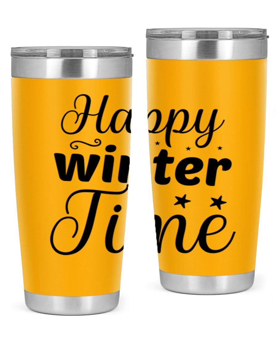 Happy Winter Time 133# Tumbler in stainless steel with winter-themed design, showcasing double wall vacuum insulation and drink-thru lid.