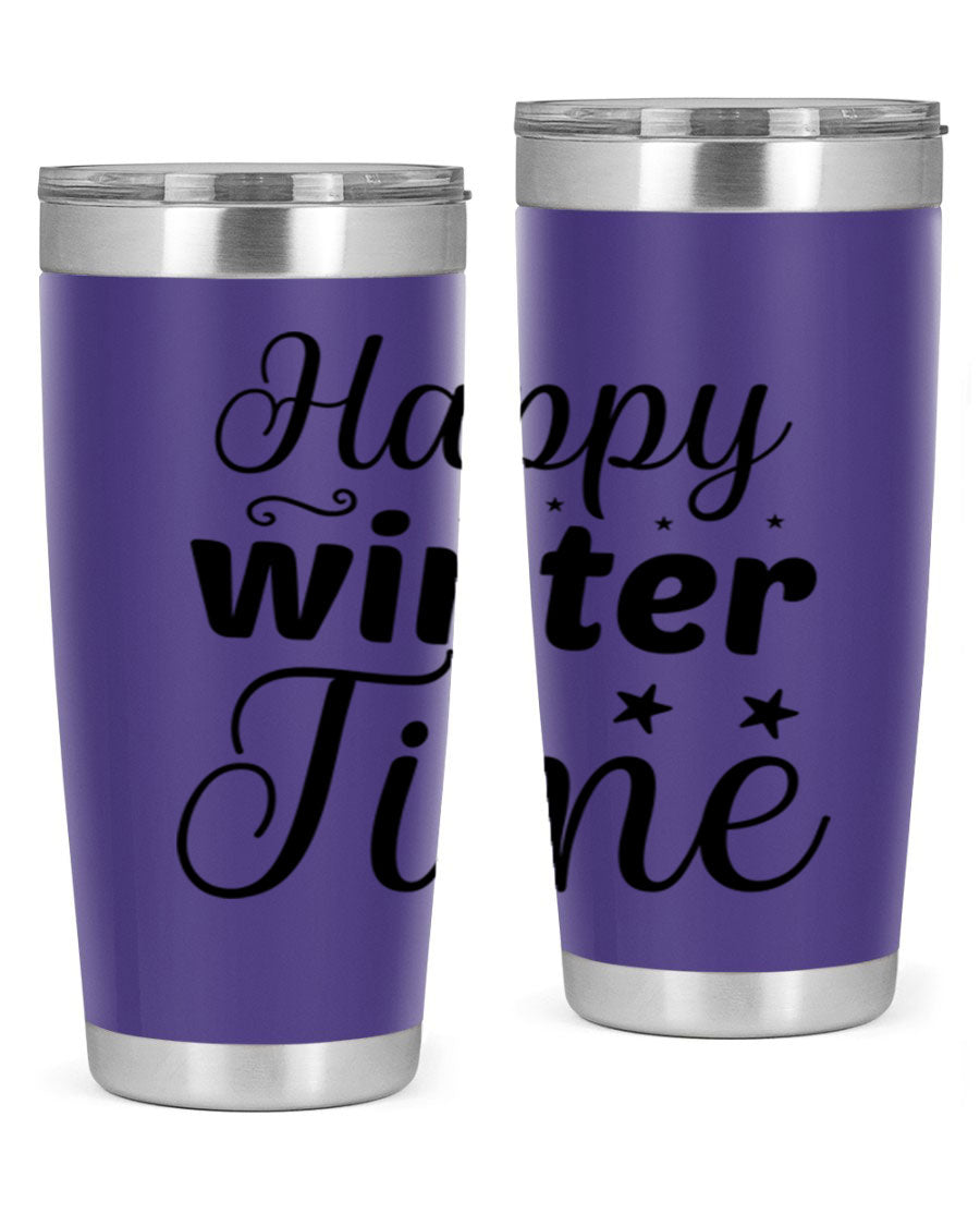 Happy Winter Time 133# Tumbler in stainless steel with winter-themed design, showcasing double wall vacuum insulation and drink-thru lid.