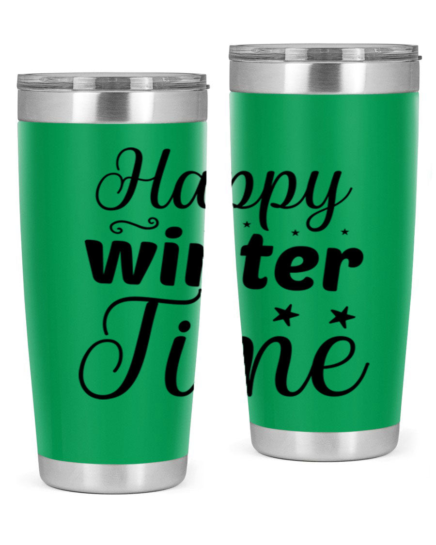 Happy Winter Time 133# Tumbler in stainless steel with winter-themed design, showcasing double wall vacuum insulation and drink-thru lid.