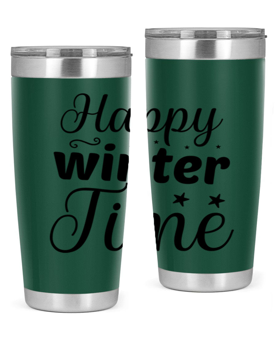 Happy Winter Time 133# Tumbler in stainless steel with winter-themed design, showcasing double wall vacuum insulation and drink-thru lid.
