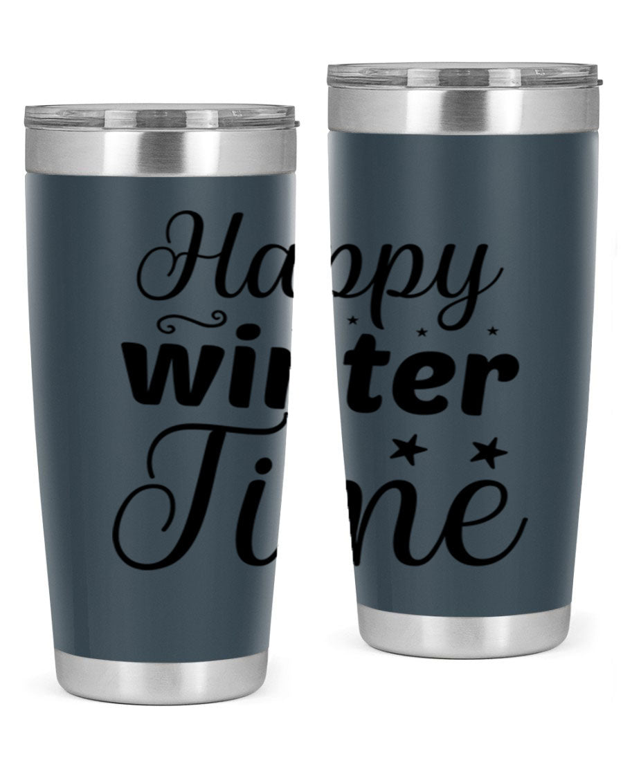 Happy Winter Time 133# Tumbler in stainless steel with winter-themed design, showcasing double wall vacuum insulation and drink-thru lid.