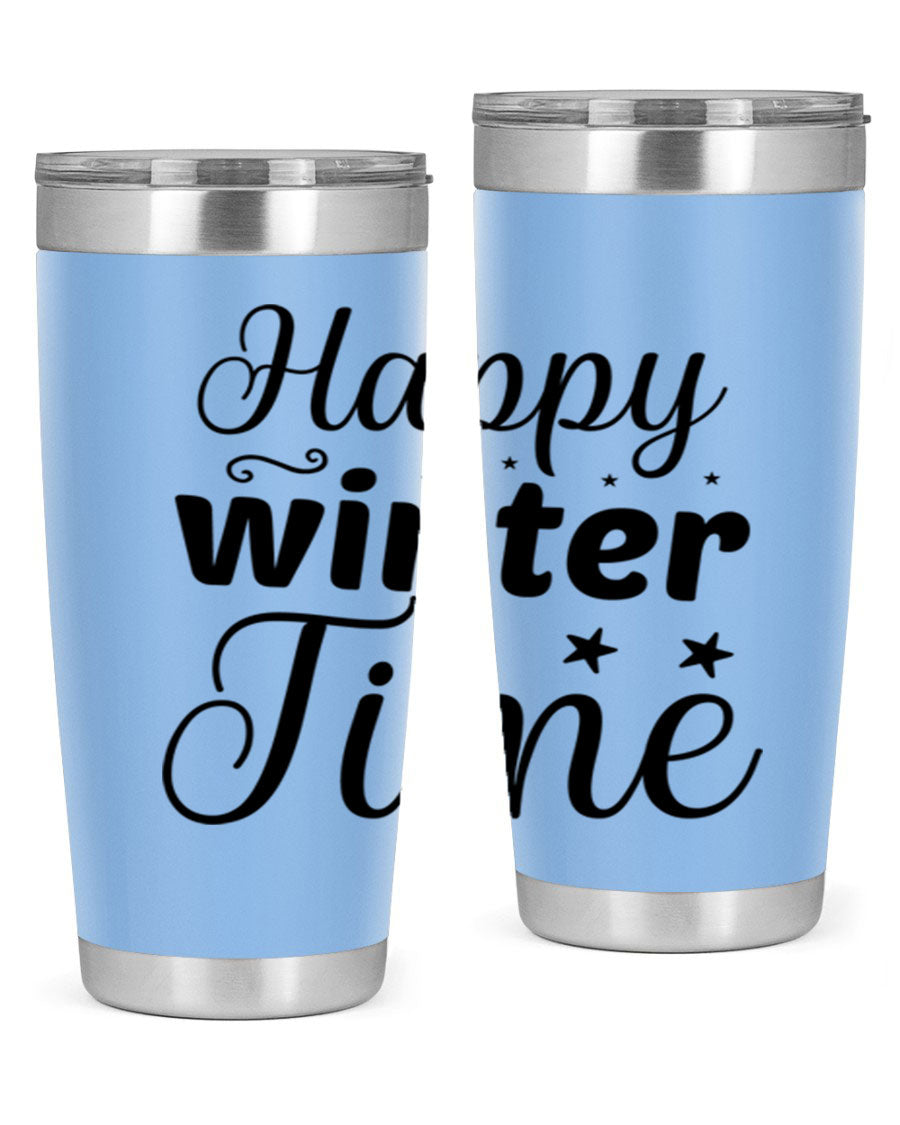 Happy Winter Time 133# Tumbler in stainless steel with winter-themed design, showcasing double wall vacuum insulation and drink-thru lid.