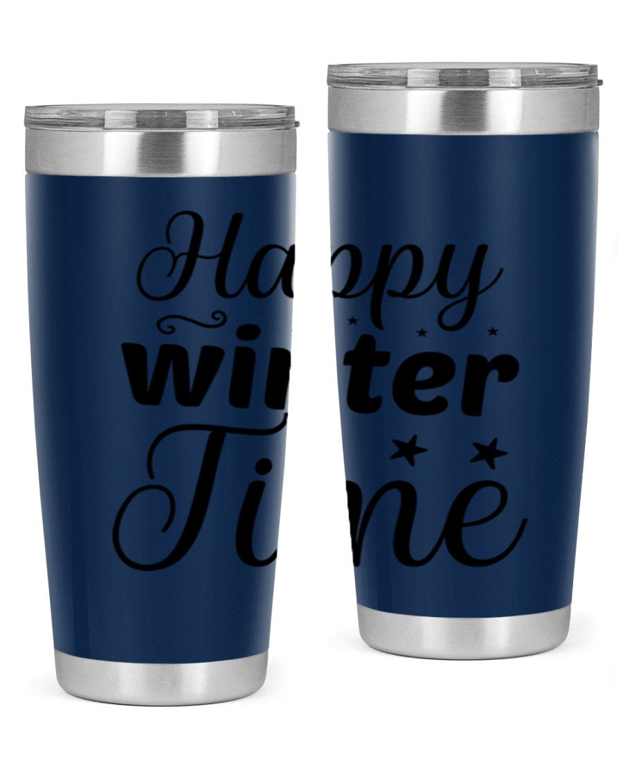 Happy Winter Time 133# Tumbler in stainless steel with winter-themed design, showcasing double wall vacuum insulation and drink-thru lid.