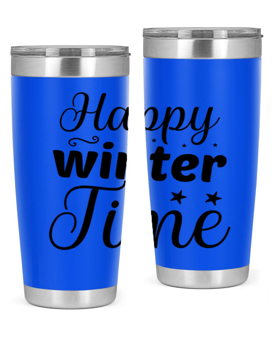 Happy Winter Time 133# Tumbler in stainless steel with winter-themed design, showcasing double wall vacuum insulation and drink-thru lid.
