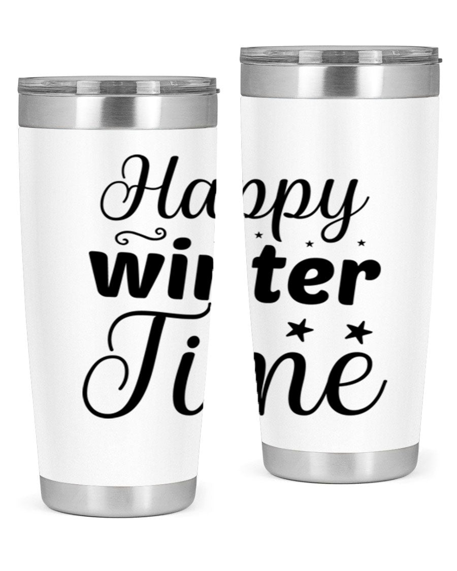 Happy Winter Time 133# Tumbler in stainless steel with winter-themed design, showcasing double wall vacuum insulation and drink-thru lid.