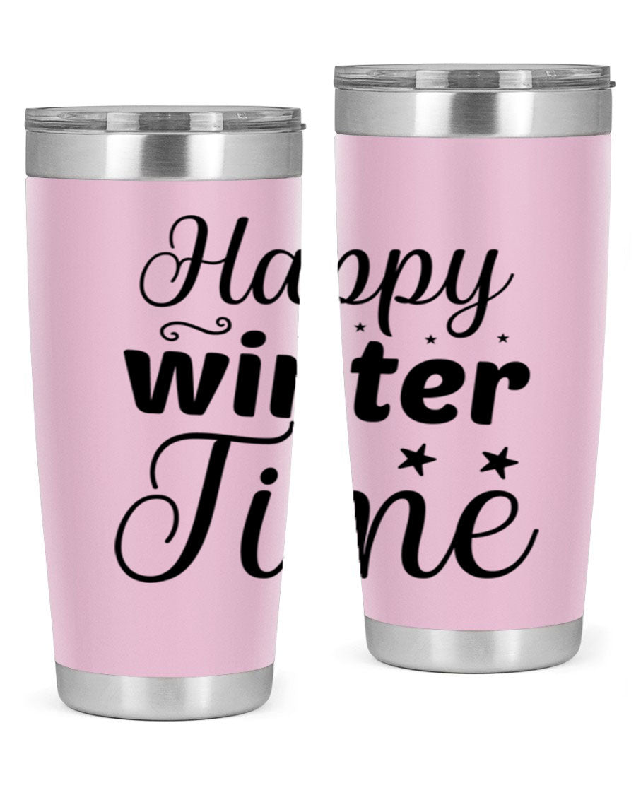 Happy Winter Time 133# Tumbler in stainless steel with winter-themed design, showcasing double wall vacuum insulation and drink-thru lid.