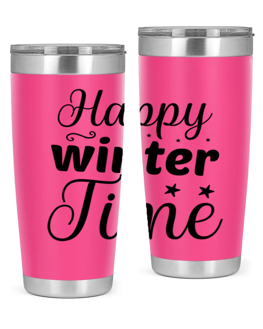 Happy Winter Time 133# Tumbler in stainless steel with winter-themed design, showcasing double wall vacuum insulation and drink-thru lid.
