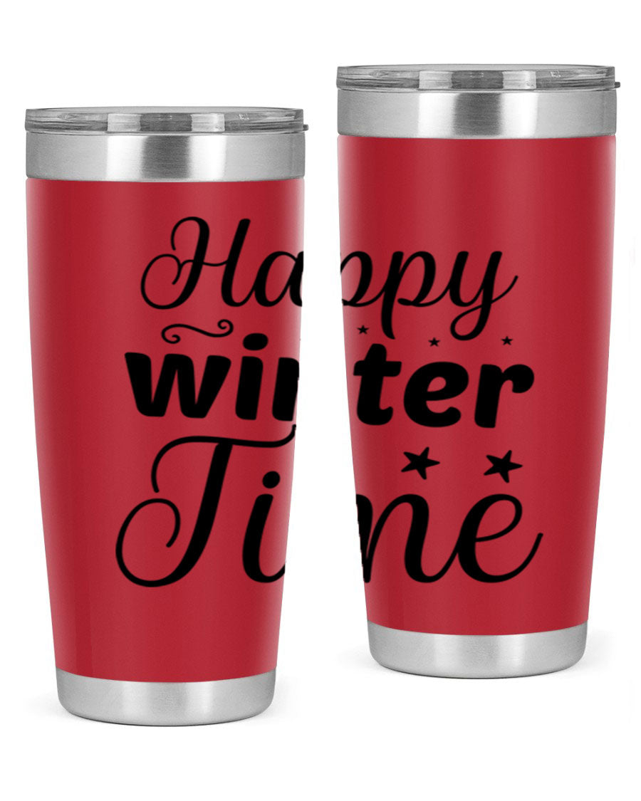 Happy Winter Time 133# Tumbler in stainless steel with winter-themed design, showcasing double wall vacuum insulation and drink-thru lid.