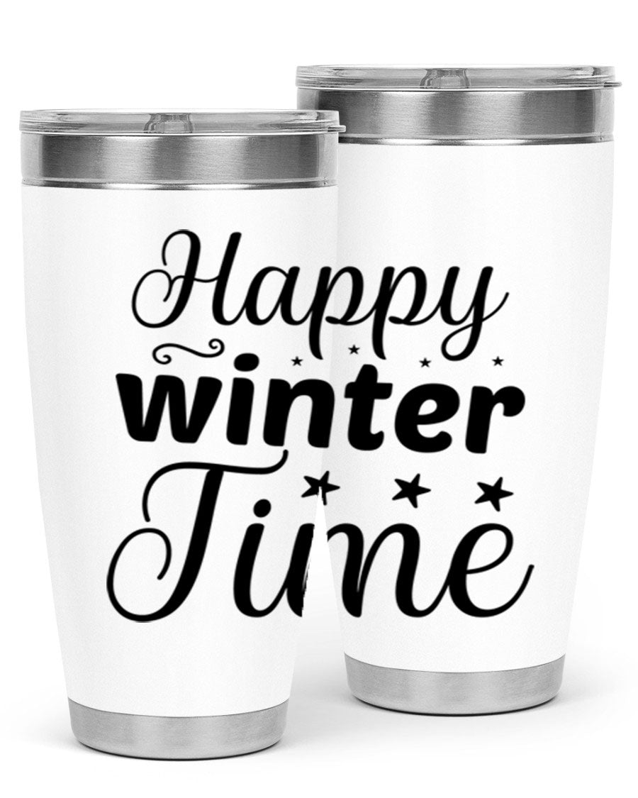 Happy Winter Time 133# Tumbler in stainless steel with winter-themed design, showcasing double wall vacuum insulation and drink-thru lid.