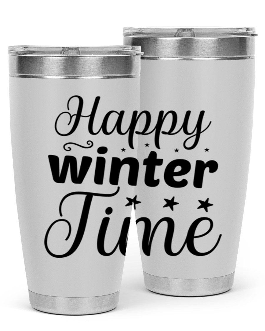 Happy Winter Time 133# Tumbler in stainless steel with winter-themed design, showcasing double wall vacuum insulation and drink-thru lid.