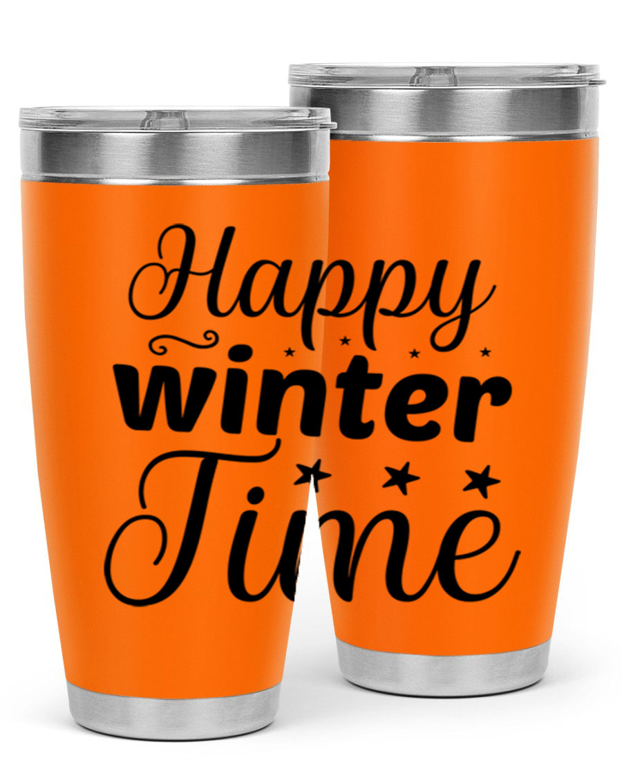 Happy Winter Time 133# Tumbler in stainless steel with winter-themed design, showcasing double wall vacuum insulation and drink-thru lid.