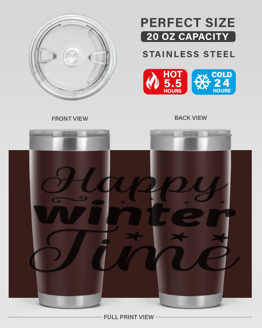 Happy Winter Time 133# Tumbler in stainless steel with winter-themed design, showcasing double wall vacuum insulation and drink-thru lid.