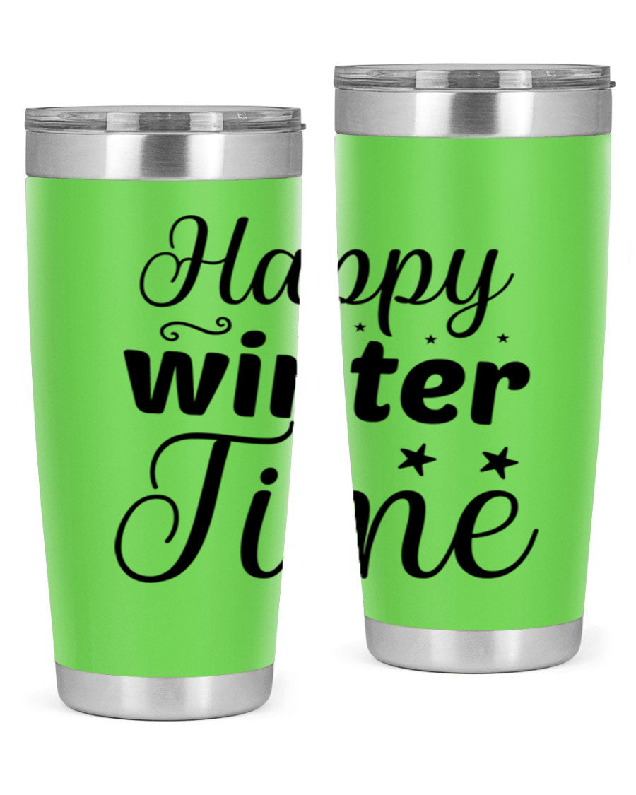 Happy Winter Time 133# Tumbler in stainless steel with winter-themed design, showcasing double wall vacuum insulation and drink-thru lid.