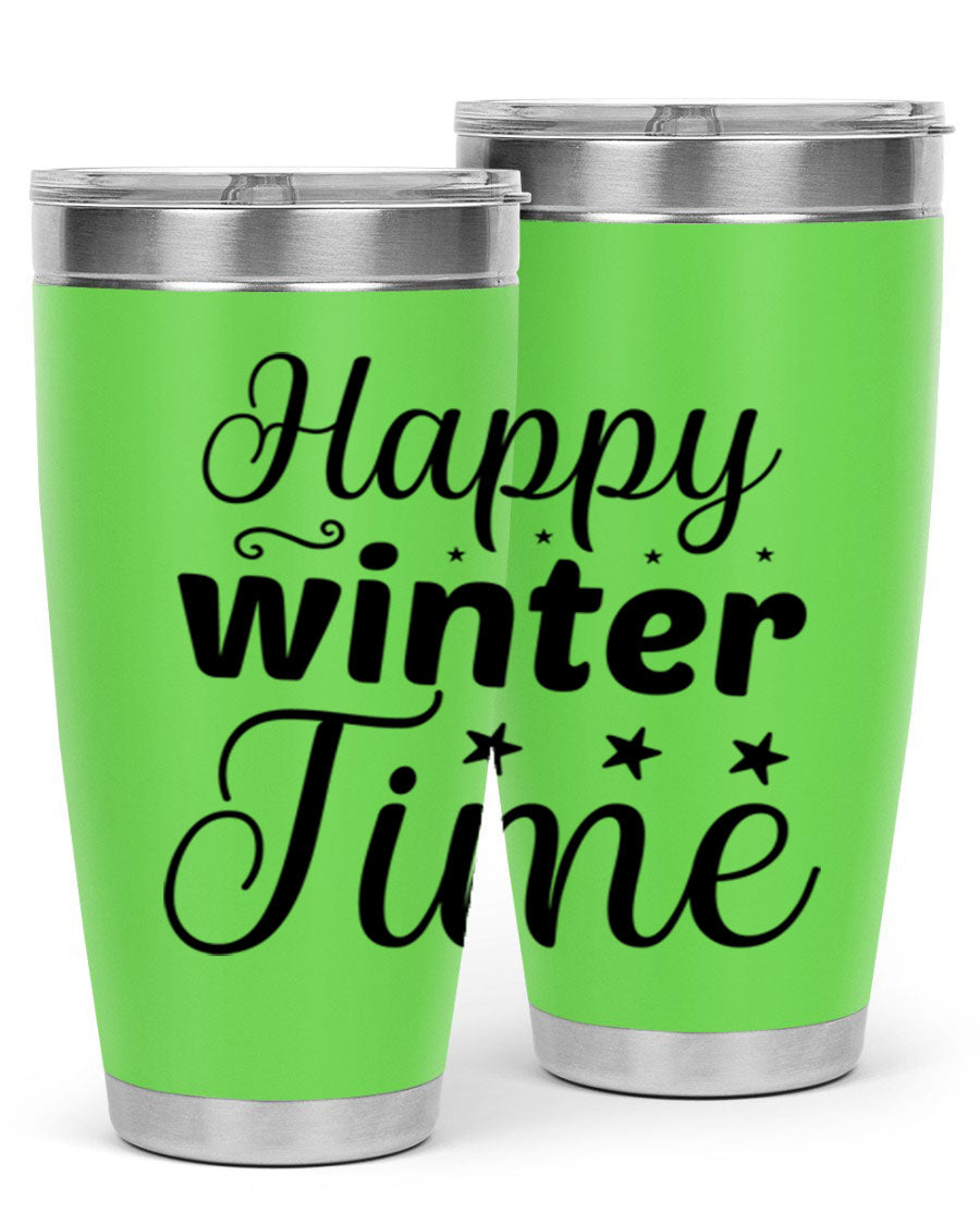Happy Winter Time 133# Tumbler in stainless steel with winter-themed design, showcasing double wall vacuum insulation and drink-thru lid.