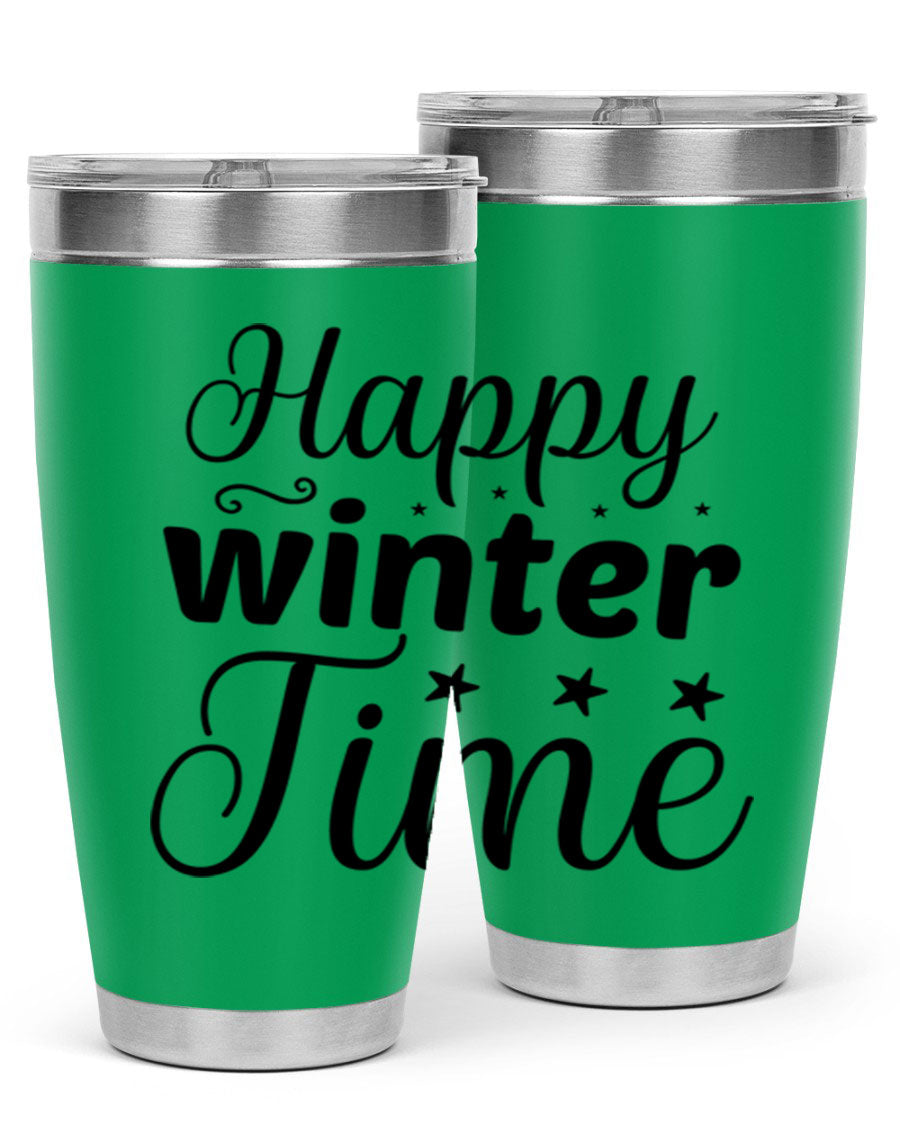Happy Winter Time 133# Tumbler in stainless steel with winter-themed design, showcasing double wall vacuum insulation and drink-thru lid.