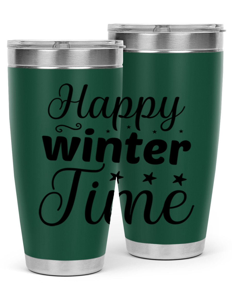 Happy Winter Time 133# Tumbler in stainless steel with winter-themed design, showcasing double wall vacuum insulation and drink-thru lid.