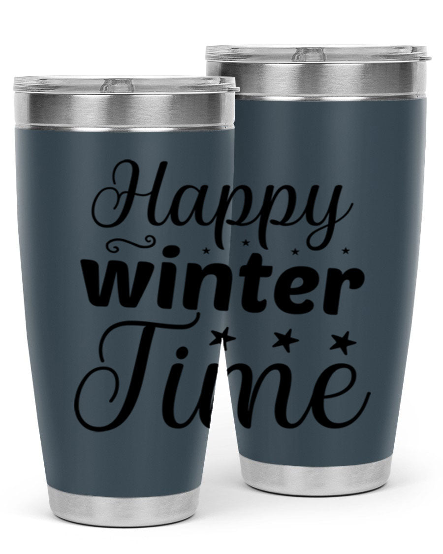 Happy Winter Time 133# Tumbler in stainless steel with winter-themed design, showcasing double wall vacuum insulation and drink-thru lid.