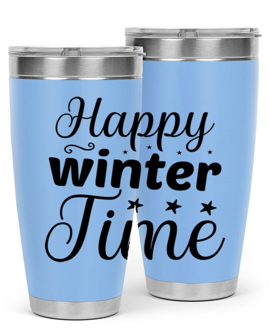 Happy Winter Time 133# Tumbler in stainless steel with winter-themed design, showcasing double wall vacuum insulation and drink-thru lid.