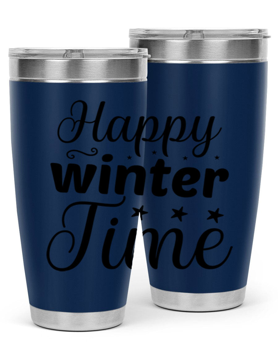 Happy Winter Time 133# Tumbler in stainless steel with winter-themed design, showcasing double wall vacuum insulation and drink-thru lid.