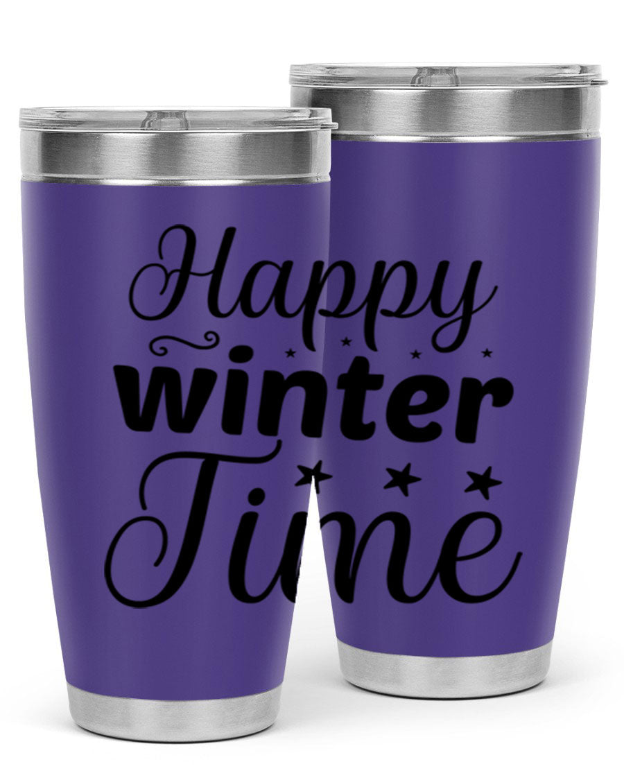 Happy Winter Time 133# Tumbler in stainless steel with winter-themed design, showcasing double wall vacuum insulation and drink-thru lid.