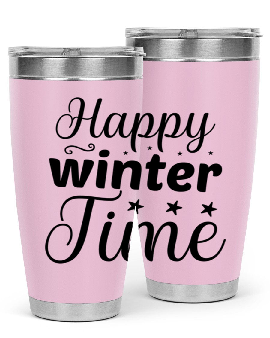 Happy Winter Time 133# Tumbler in stainless steel with winter-themed design, showcasing double wall vacuum insulation and drink-thru lid.