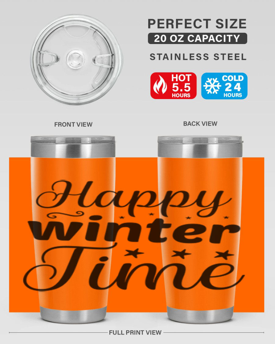 Happy Winter Time 133# Tumbler in stainless steel with winter-themed design, showcasing double wall vacuum insulation and drink-thru lid.