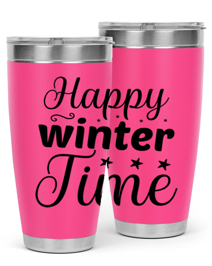 Happy Winter Time 133# Tumbler in stainless steel with winter-themed design, showcasing double wall vacuum insulation and drink-thru lid.