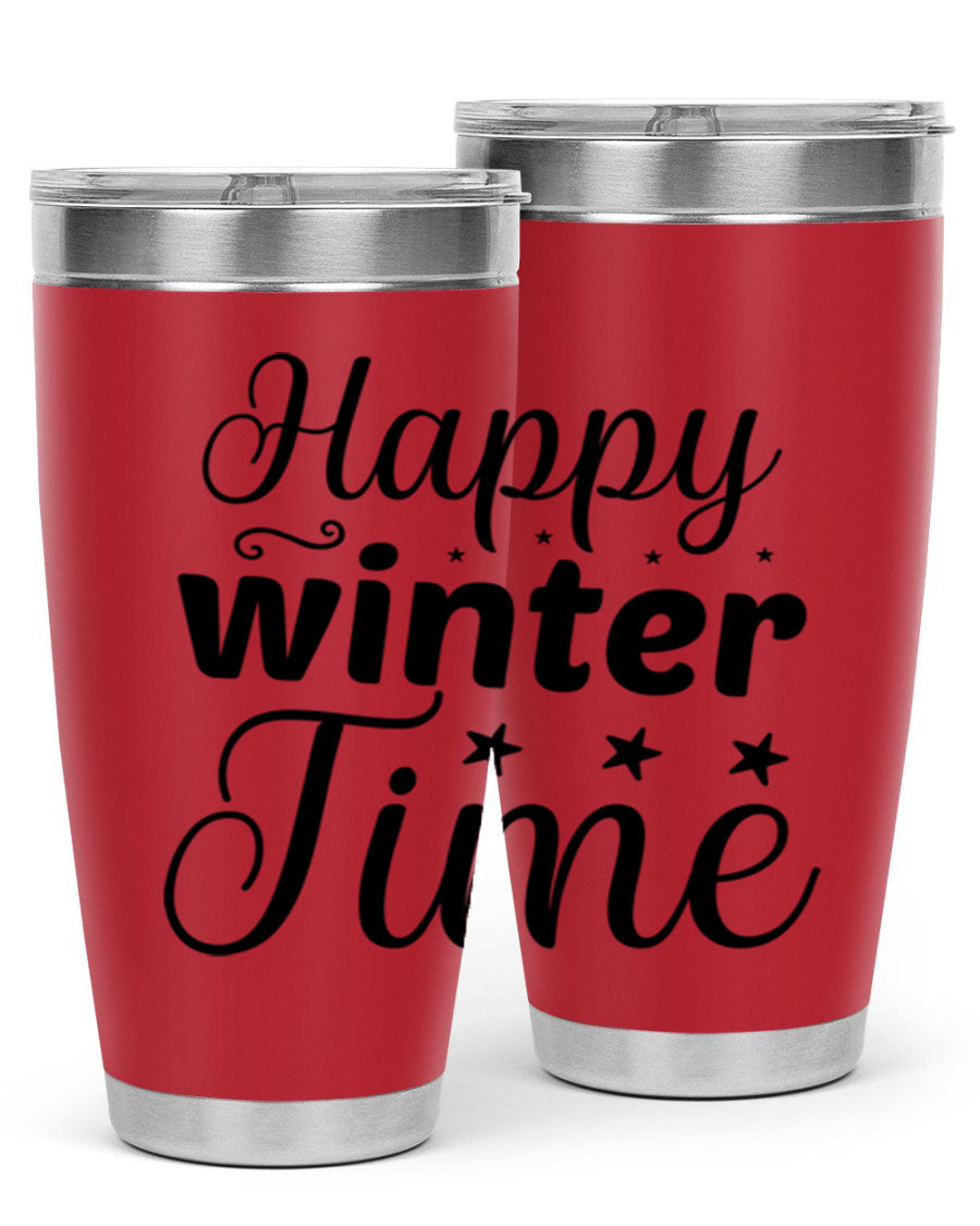 Happy Winter Time 133# Tumbler in stainless steel with winter-themed design, showcasing double wall vacuum insulation and drink-thru lid.