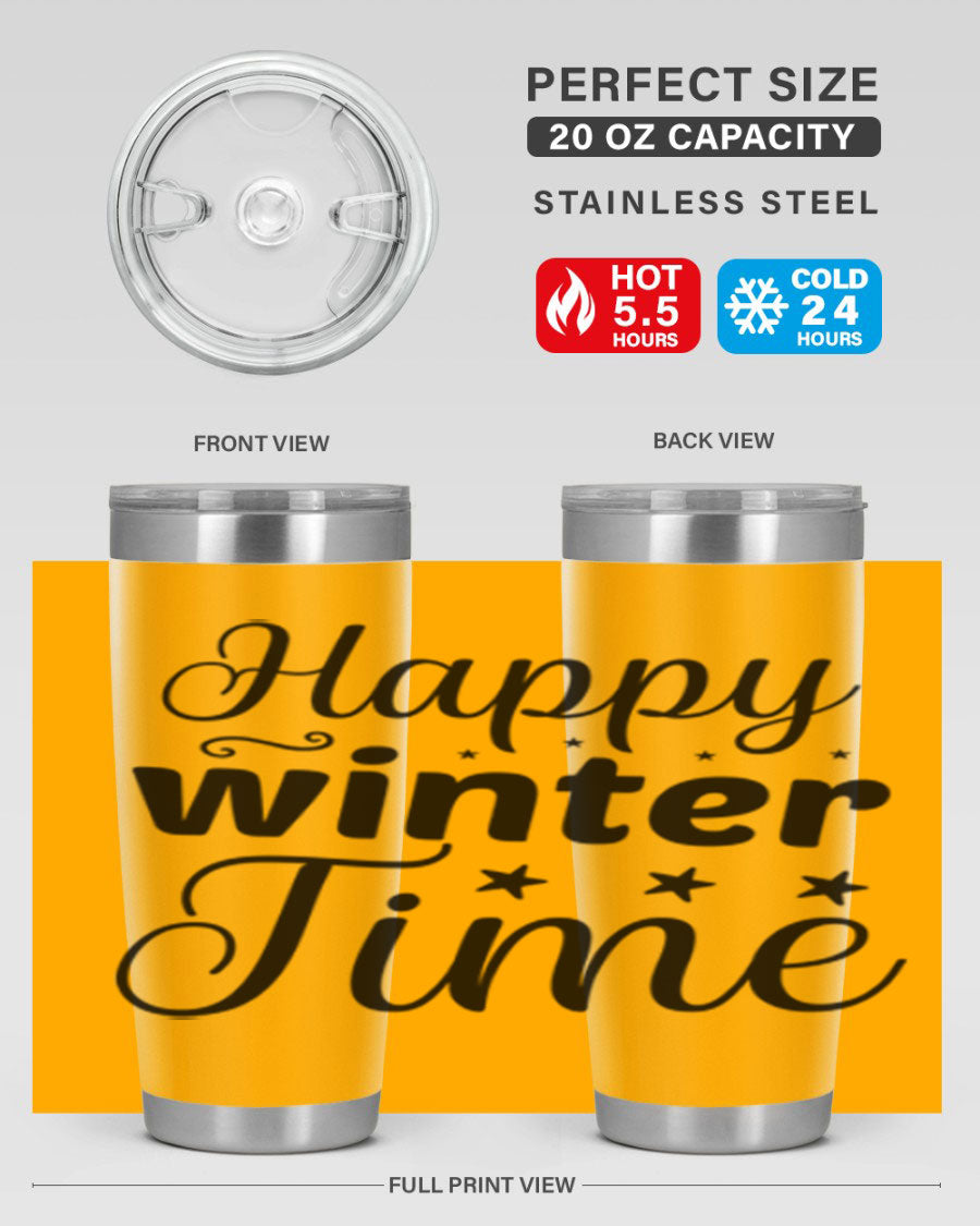 Happy Winter Time 133# Tumbler in stainless steel with winter-themed design, showcasing double wall vacuum insulation and drink-thru lid.