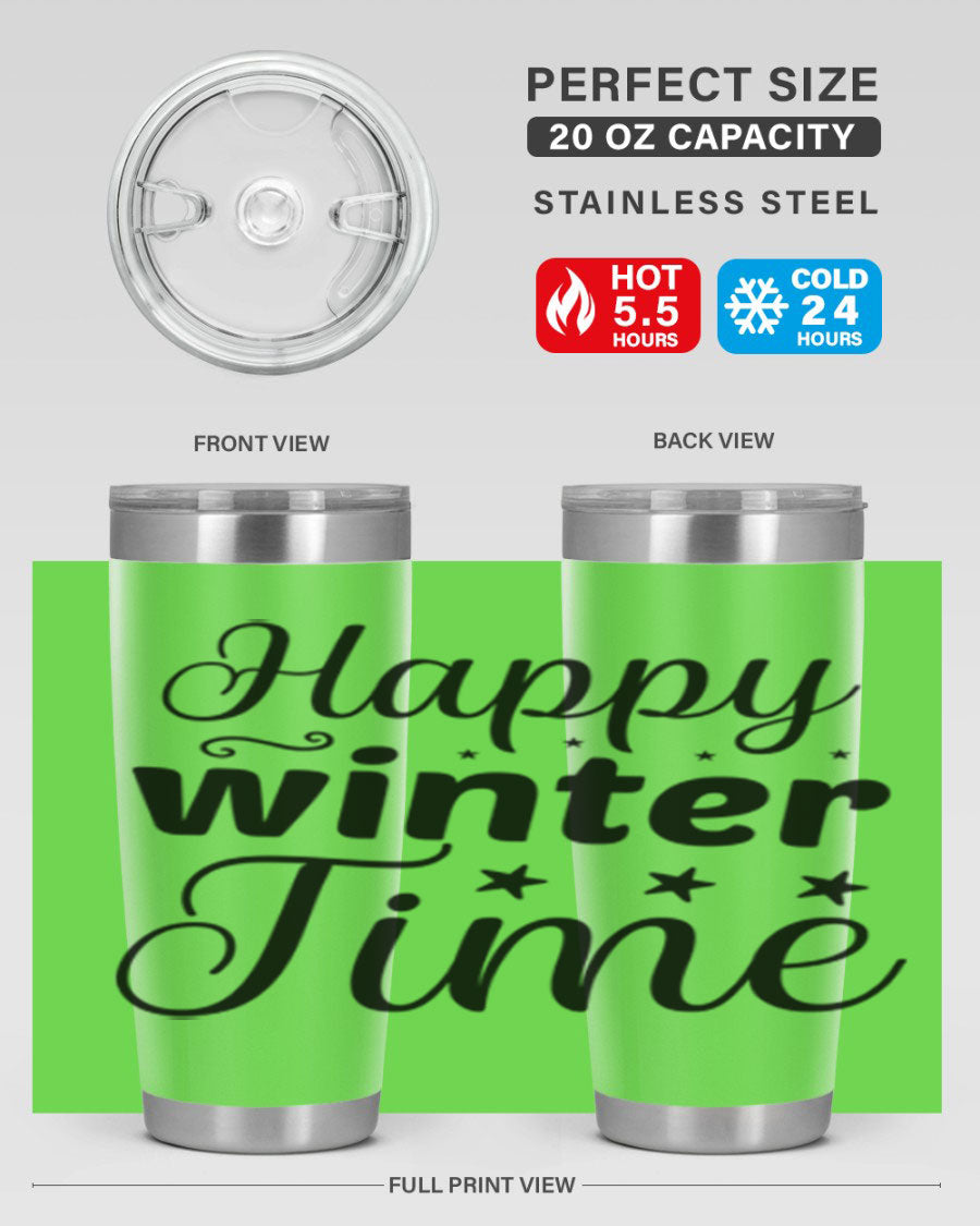 Happy Winter Time 133# Tumbler in stainless steel with winter-themed design, showcasing double wall vacuum insulation and drink-thru lid.