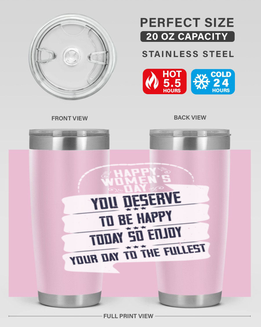 Stylish 20oz and 30oz stainless steel tumblers with Women's Day design, showcasing double wall vacuum insulation and drink-thru lid.