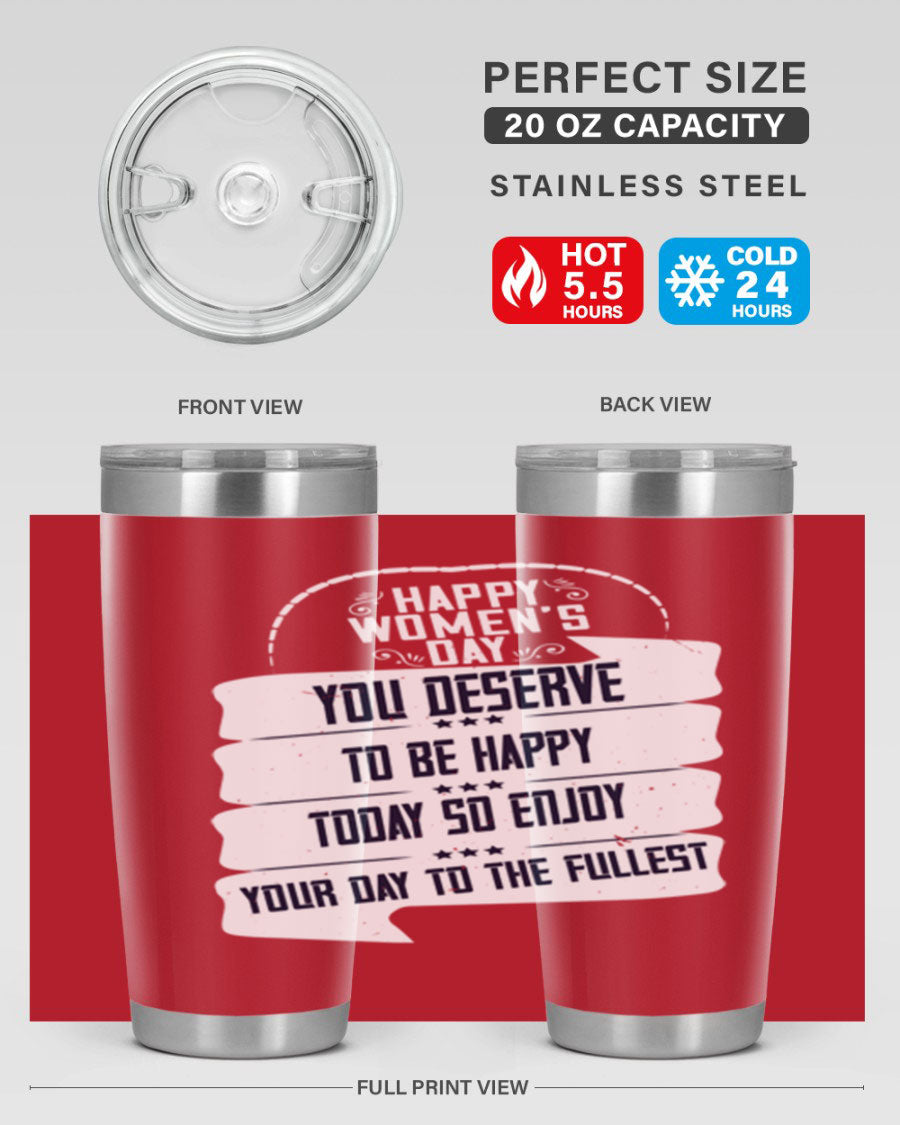 Stylish 20oz and 30oz stainless steel tumblers with Women's Day design, showcasing double wall vacuum insulation and drink-thru lid.
