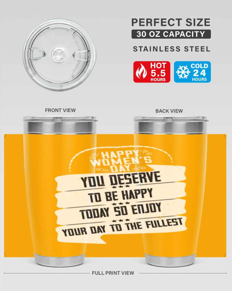 Stylish 20oz and 30oz stainless steel tumblers with Women's Day design, showcasing double wall vacuum insulation and drink-thru lid.