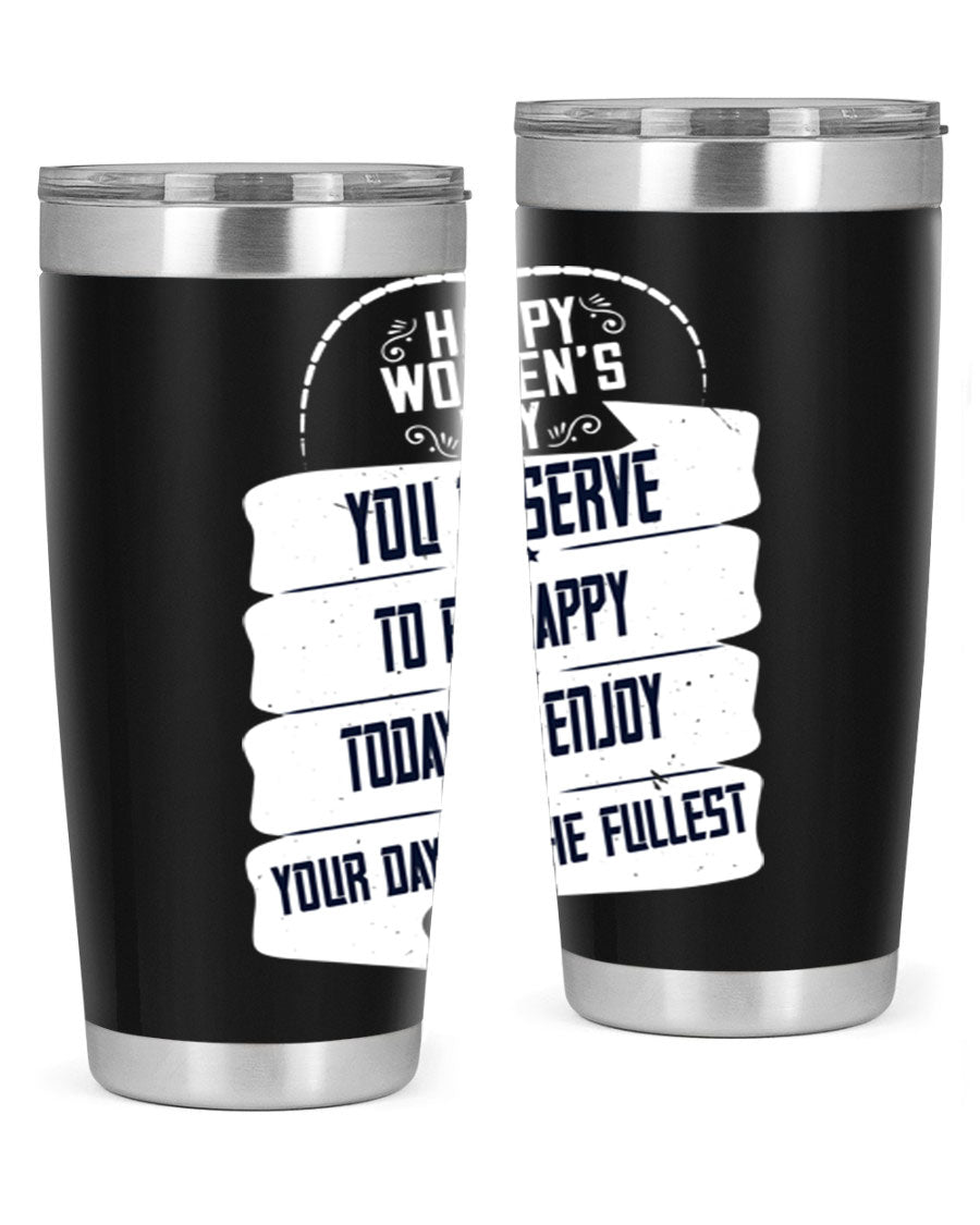 Stylish 20oz and 30oz stainless steel tumblers with Women's Day design, showcasing double wall vacuum insulation and drink-thru lid.