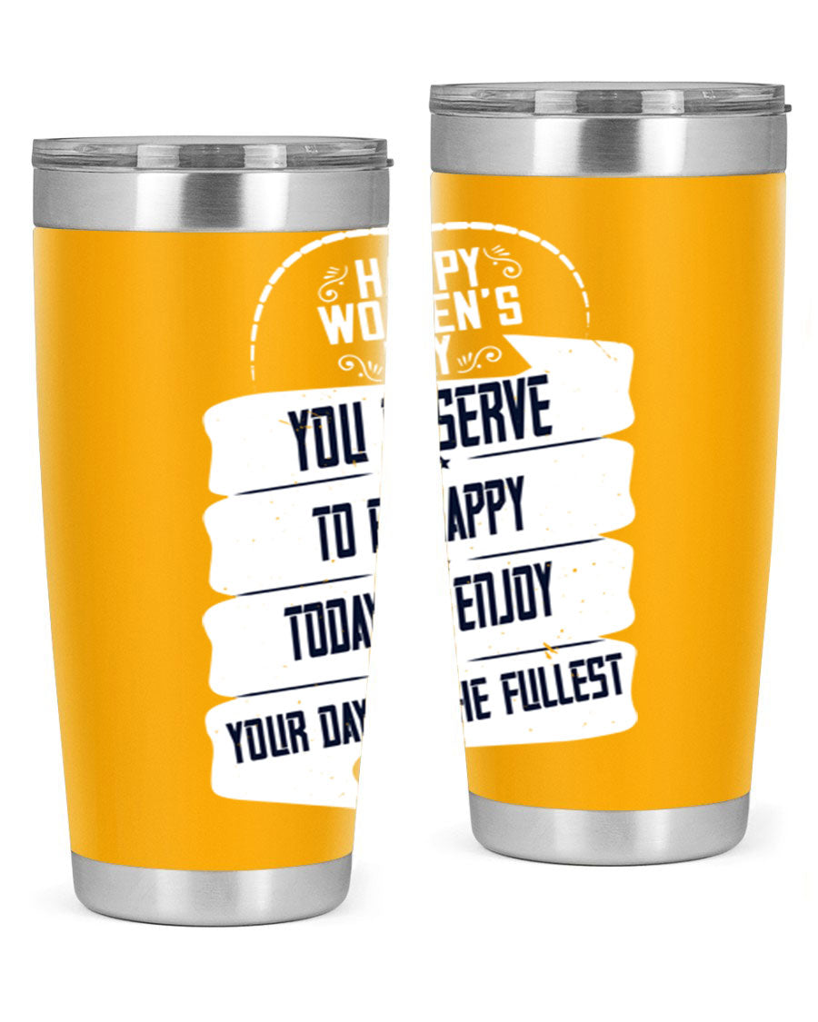Stylish 20oz and 30oz stainless steel tumblers with Women's Day design, showcasing double wall vacuum insulation and drink-thru lid.