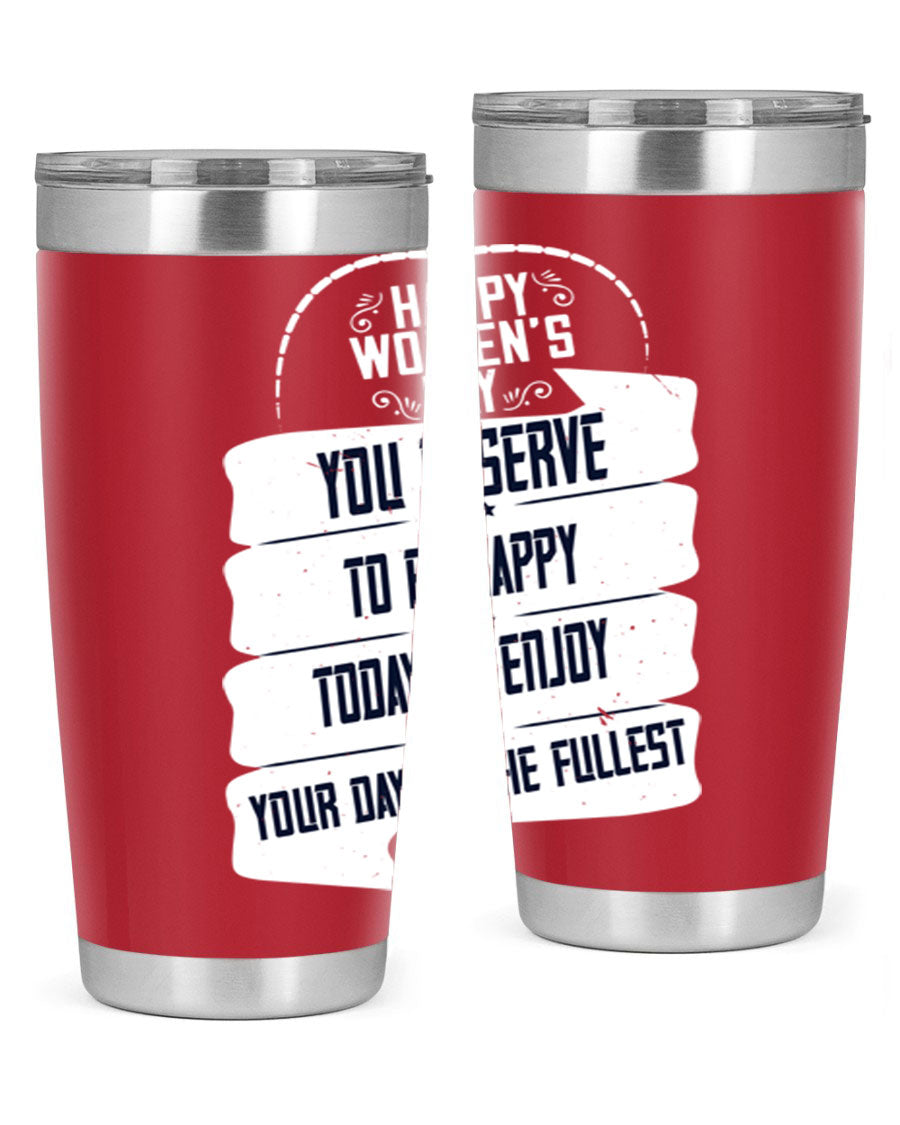 Stylish 20oz and 30oz stainless steel tumblers with Women's Day design, showcasing double wall vacuum insulation and drink-thru lid.